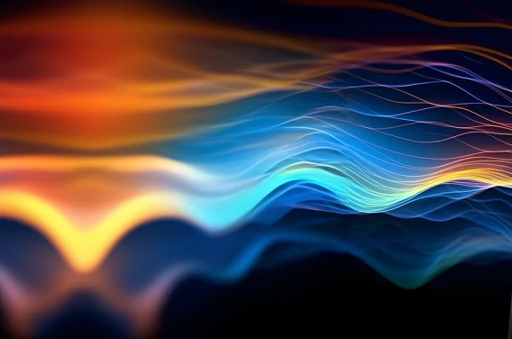 Abstract flowing wave background with orange, blue, and yellow light trails on a dark backdrop.