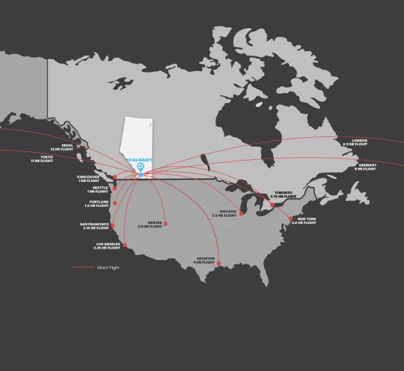 Map showing direct flight times from Calgary to major cities in North America, Europe, and Asia.