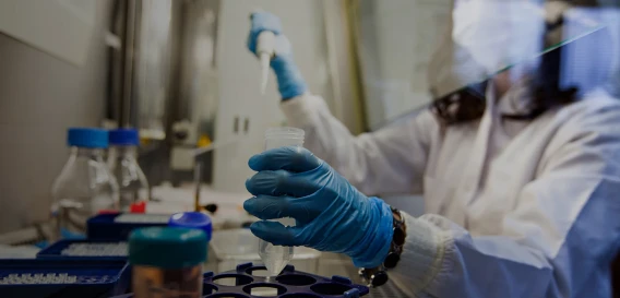 Gloved researcher using a pipette to transfer liquid into a laboratory sample tube.