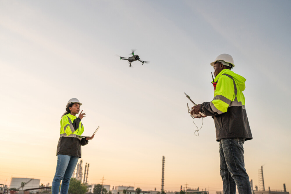 Team of Engineer Specialists Pilot Drone on Construction Site